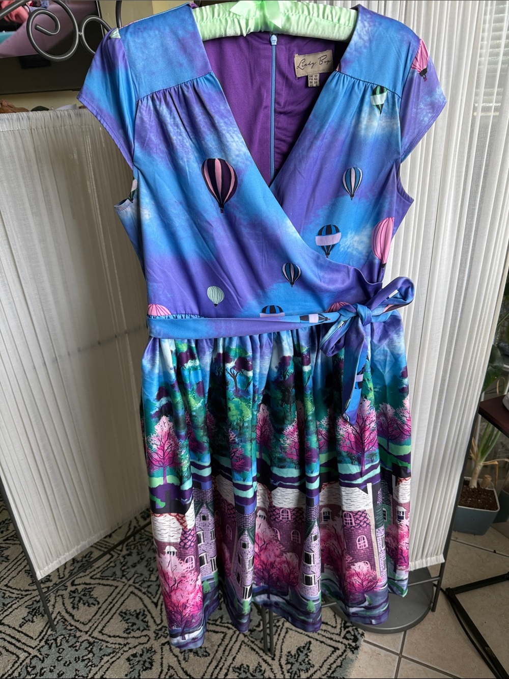 Lindy Bop Purple and Blue Hot Air Balloon Print Wrap Dress